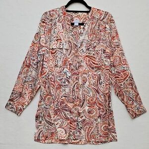 Chico's Satin Paisley Button up Long Sleeve Tunic Blouse - Large